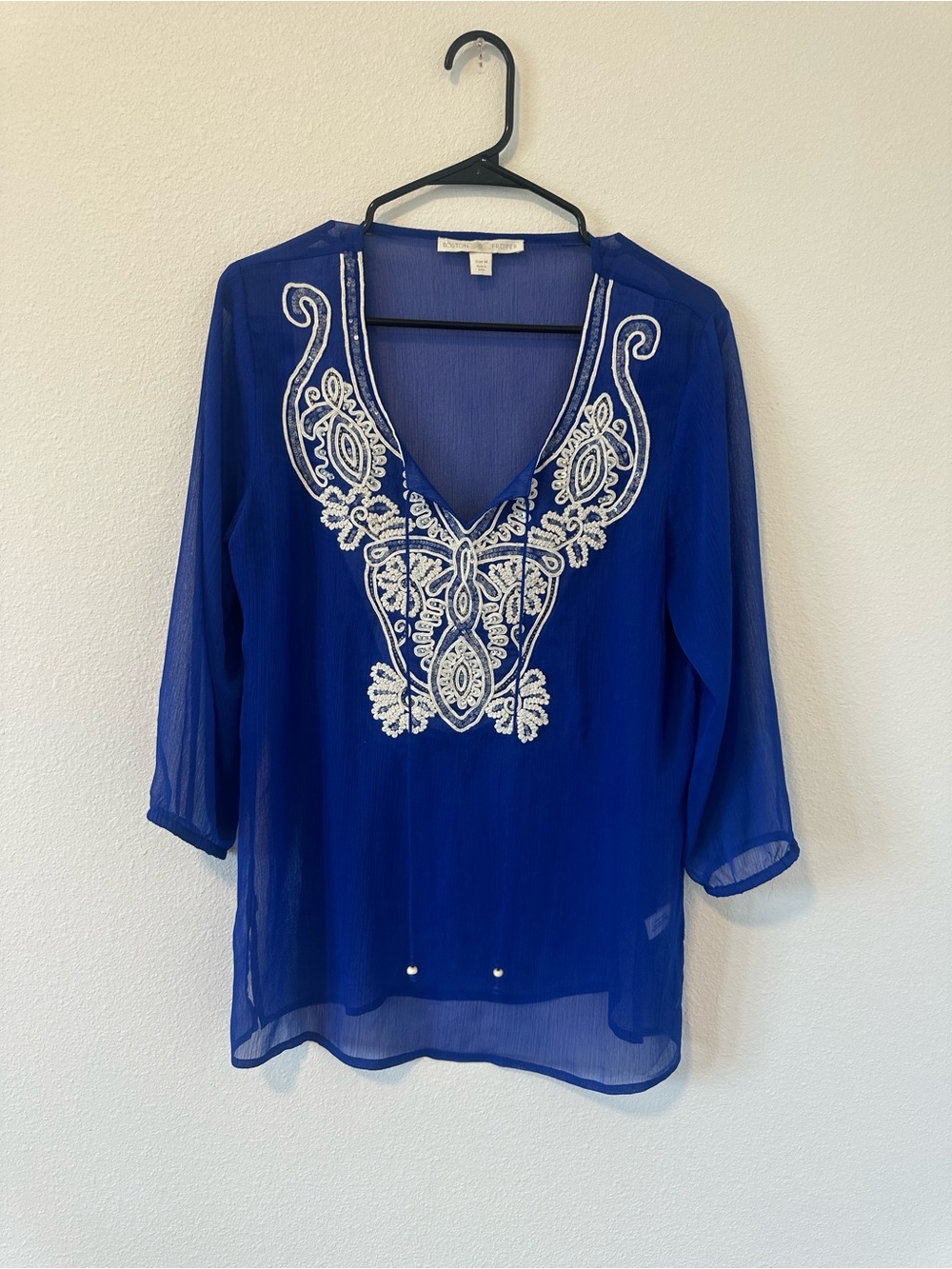 Boston Proper Women’s Sequins Embroidered V-Neck Sheer Tunic Royal Blue Beach